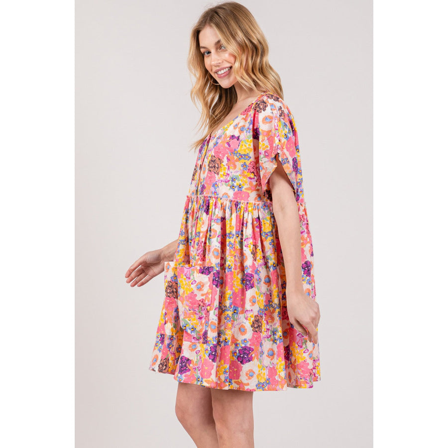 SAGE + FIG Floral Short Sleeve Babydoll Dress with Pockets Apparel and Accessories