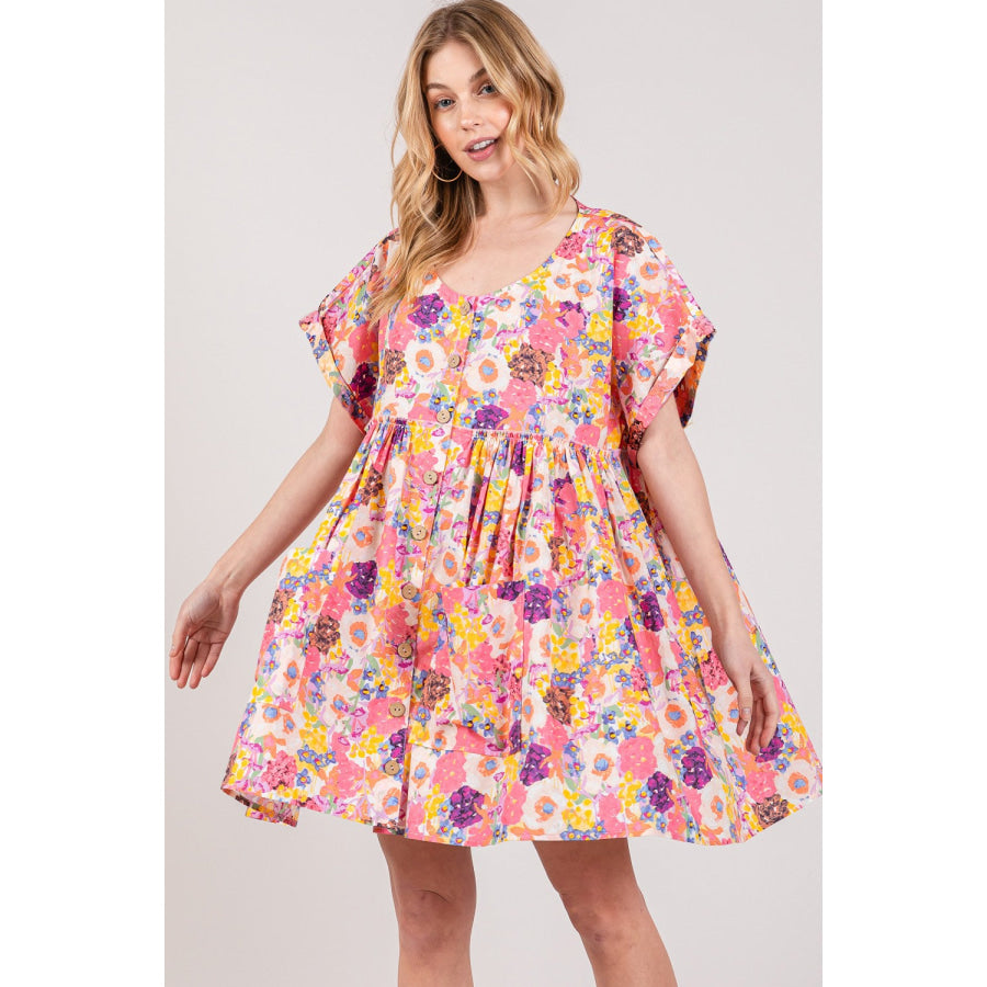 SAGE + FIG Floral Short Sleeve Babydoll Dress with Pockets Apparel and Accessories