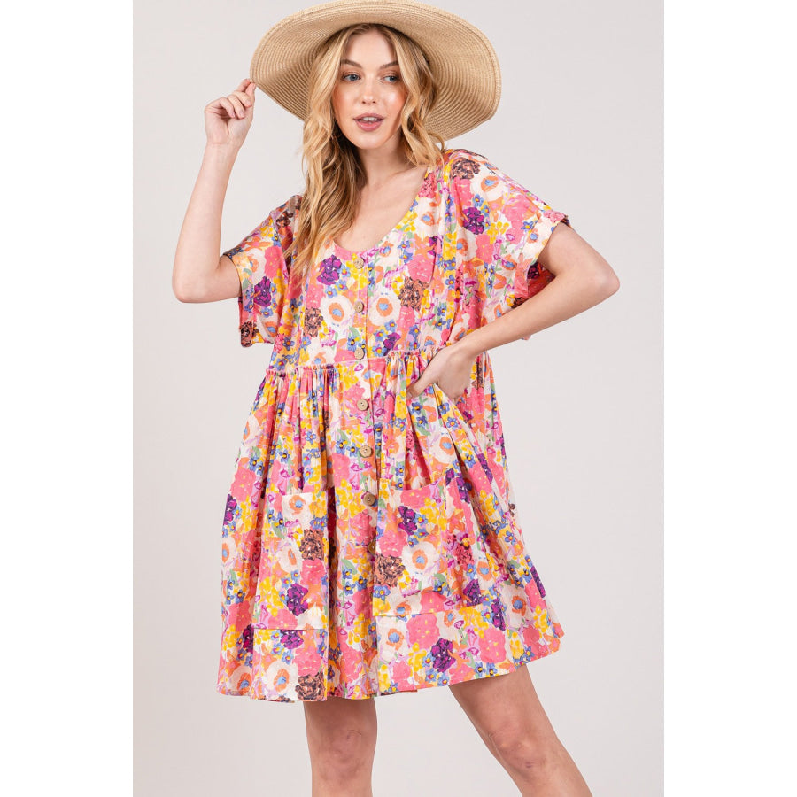 SAGE + FIG Floral Short Sleeve Babydoll Dress with Pockets Apparel and Accessories