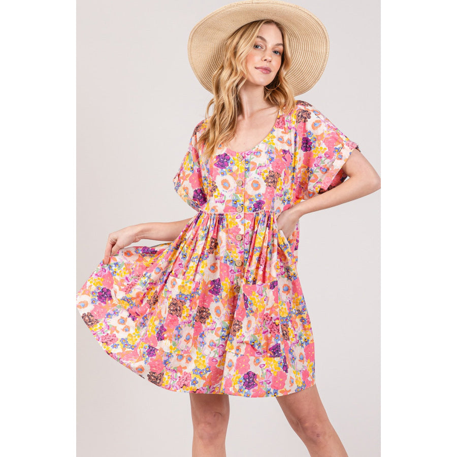 SAGE + FIG Floral Short Sleeve Babydoll Dress with Pockets Multi / S Apparel and Accessories