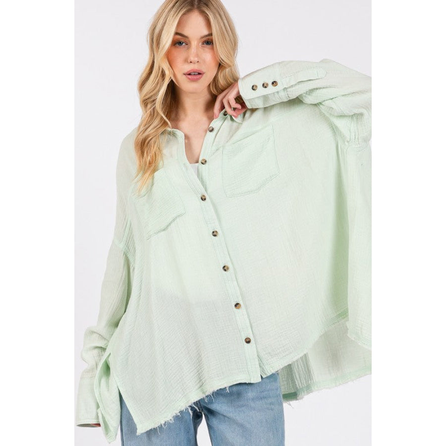 SAGE + FIG Frayed Hem Side Slit Button Down Shirt Apparel and Accessories