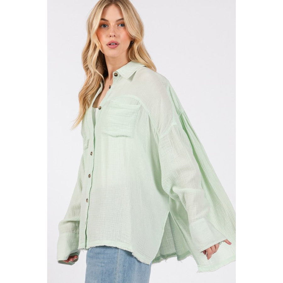 SAGE + FIG Frayed Hem Side Slit Button Down Shirt Apparel and Accessories