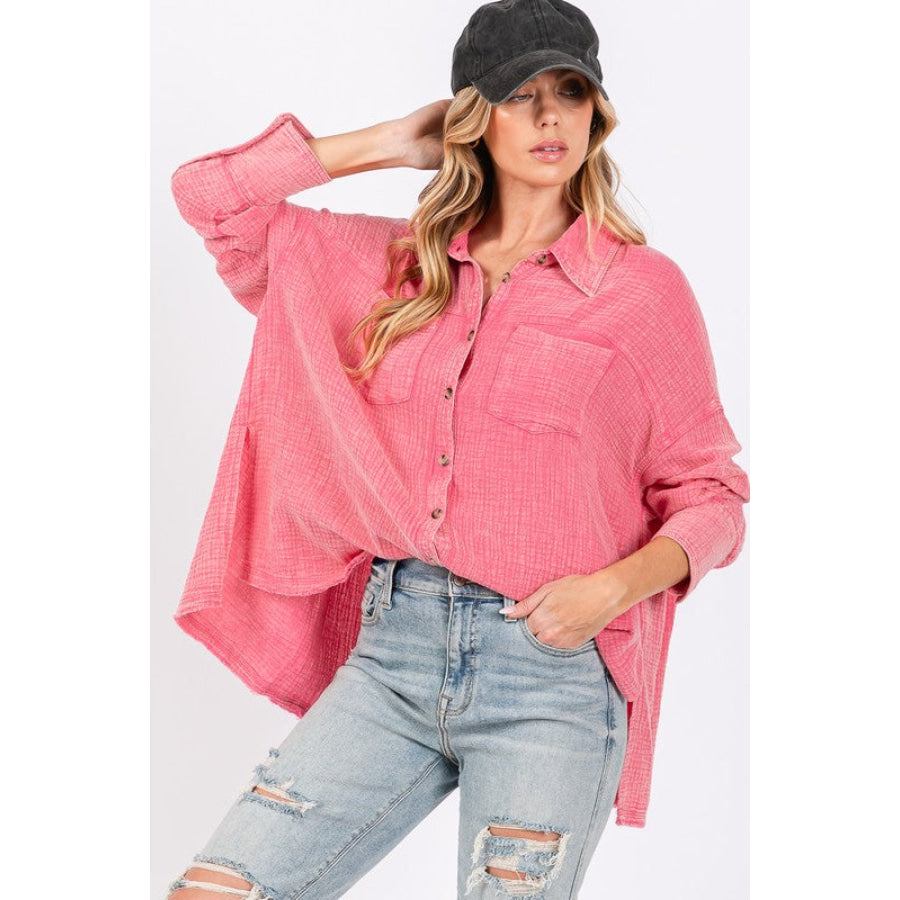 SAGE + FIG Frayed Hem Side Slit Button Down Shirt Apparel and Accessories