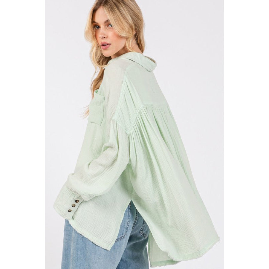 SAGE + FIG Frayed Hem Side Slit Button Down Shirt Apparel and Accessories