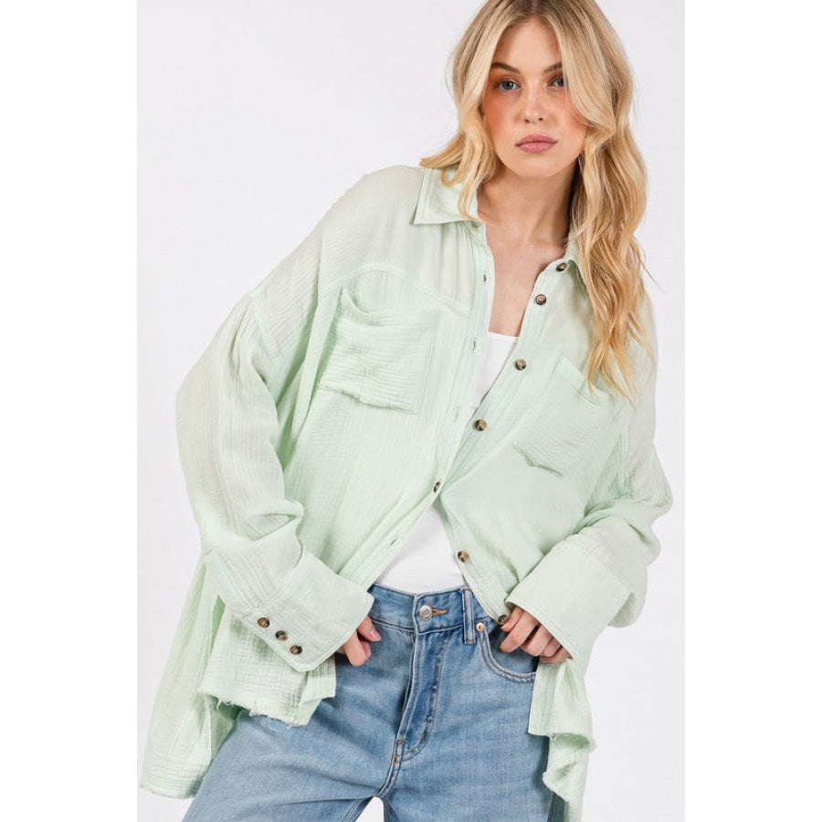 SAGE + FIG Frayed Hem Side Slit Button Down Shirt Apparel and Accessories