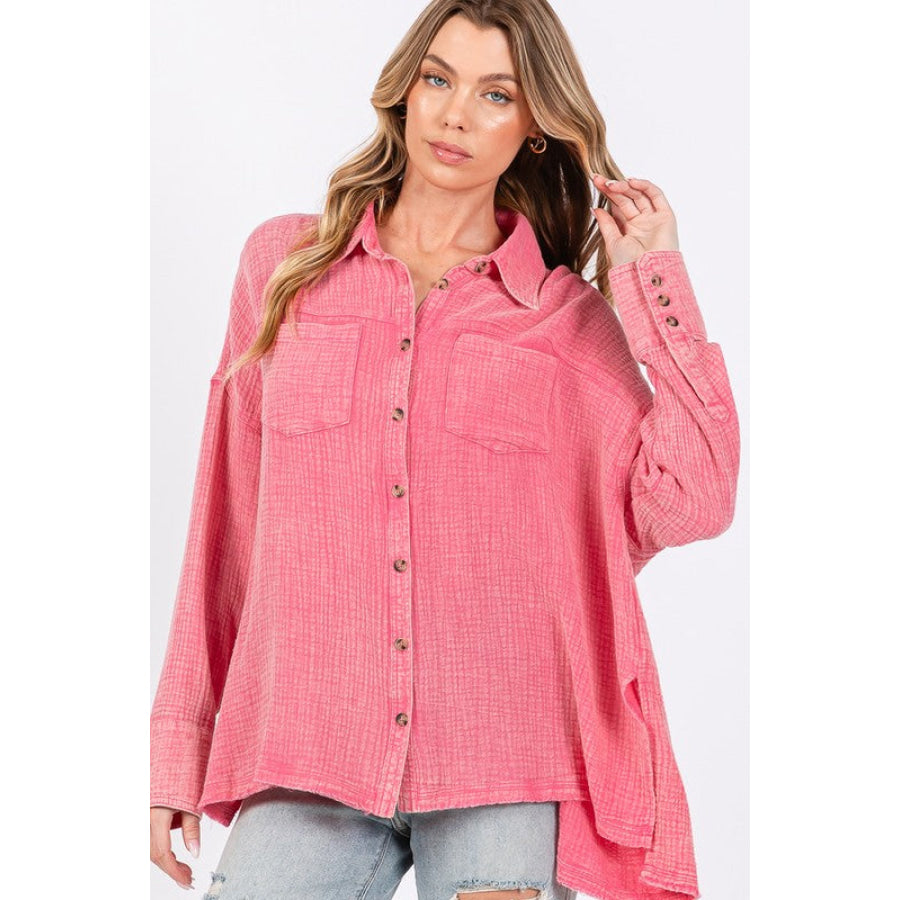 SAGE + FIG Frayed Hem Side Slit Button Down Shirt Apparel and Accessories