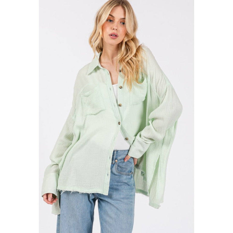 SAGE + FIG Frayed Hem Side Slit Button Down Shirt Apparel and Accessories