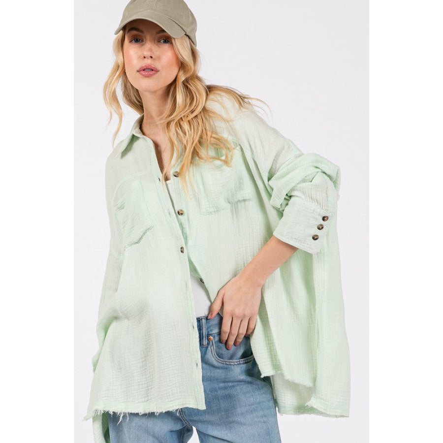 SAGE + FIG Frayed Hem Side Slit Button Down Shirt Light Green / S Apparel and Accessories