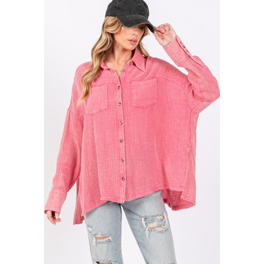 SAGE + FIG Frayed Hem Side Slit Button Down Shirt Pink / S Apparel and Accessories