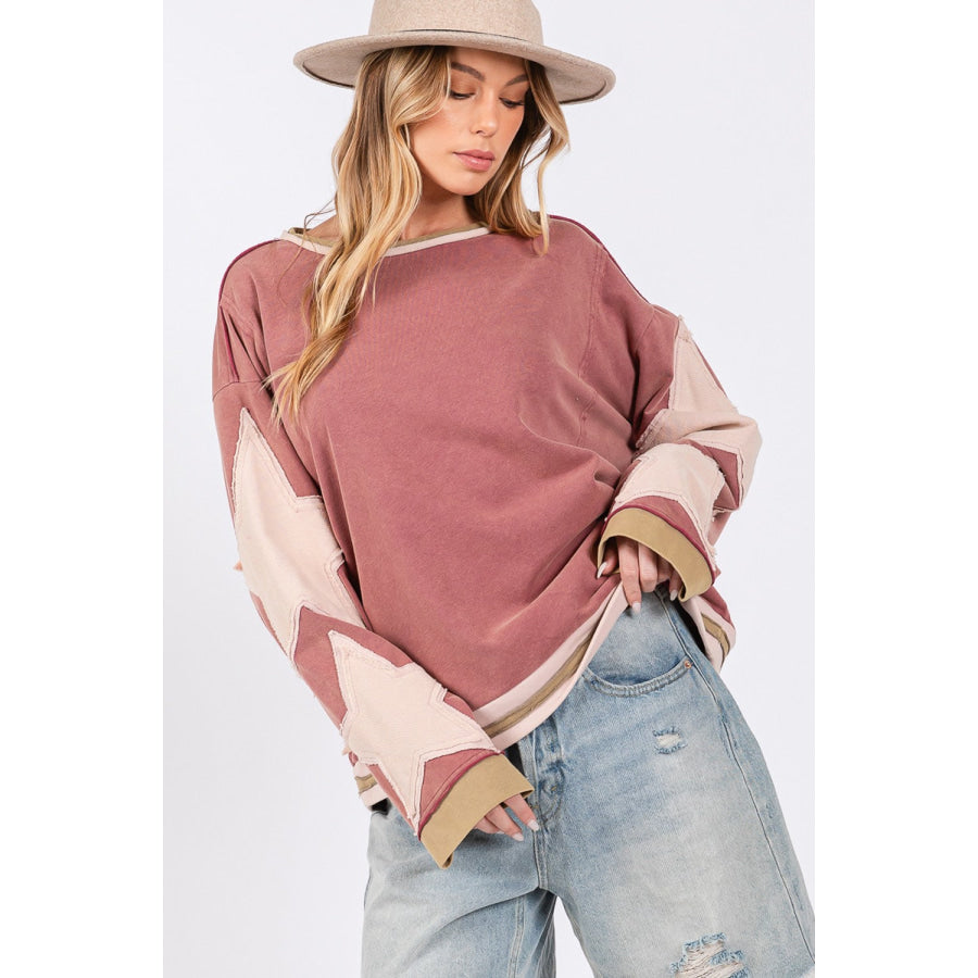 SAGE + FIG French Terry Star Applique Patch Sweatshirt Magenta/Pink / S Apparel and Accessories