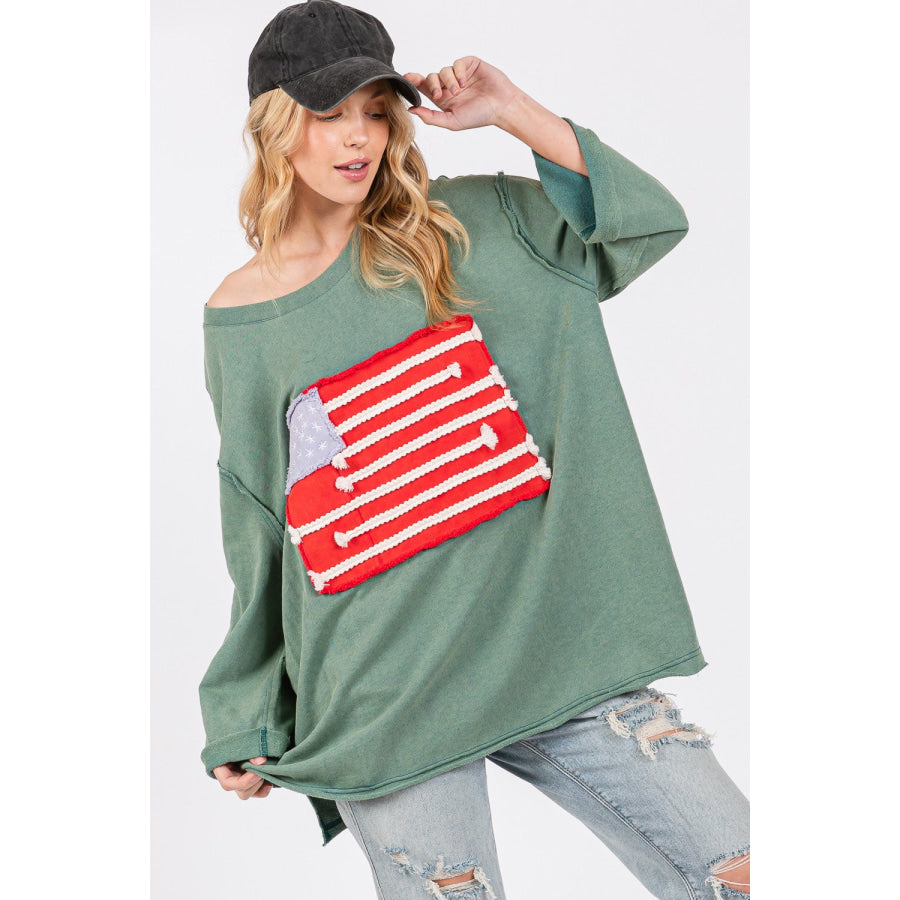 SAGE + FIG Full Size American Flag Patch Drop Shoulder T-Shirt Apparel and Accessories