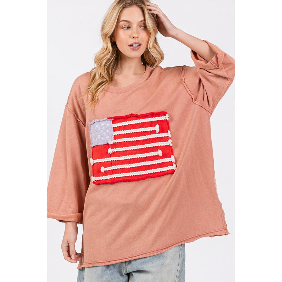 SAGE + FIG Full Size American Flag Patch Drop Shoulder T-Shirt Indian Pink / S Apparel and Accessories