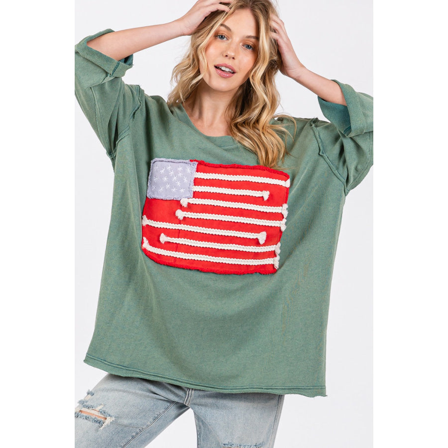 SAGE + FIG Full Size American Flag Patch Drop Shoulder T-Shirt Teal / S Apparel and Accessories