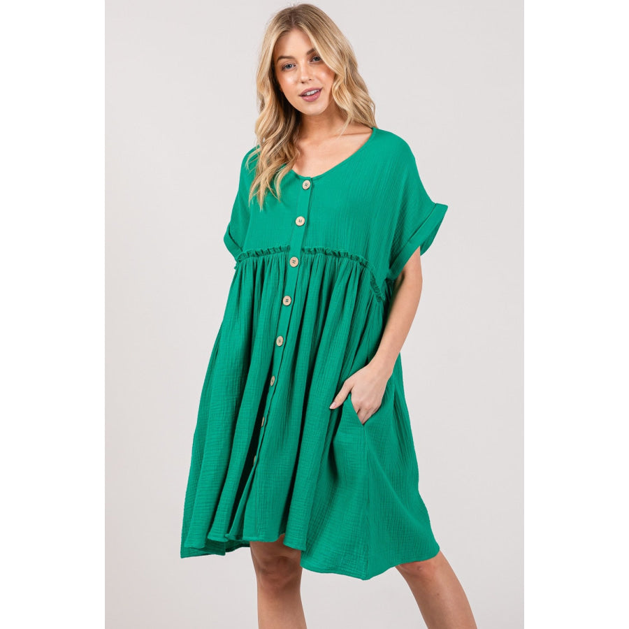 SAGE + FIG Full Size Button Up Short Sleeve Dress Apparel and Accessories