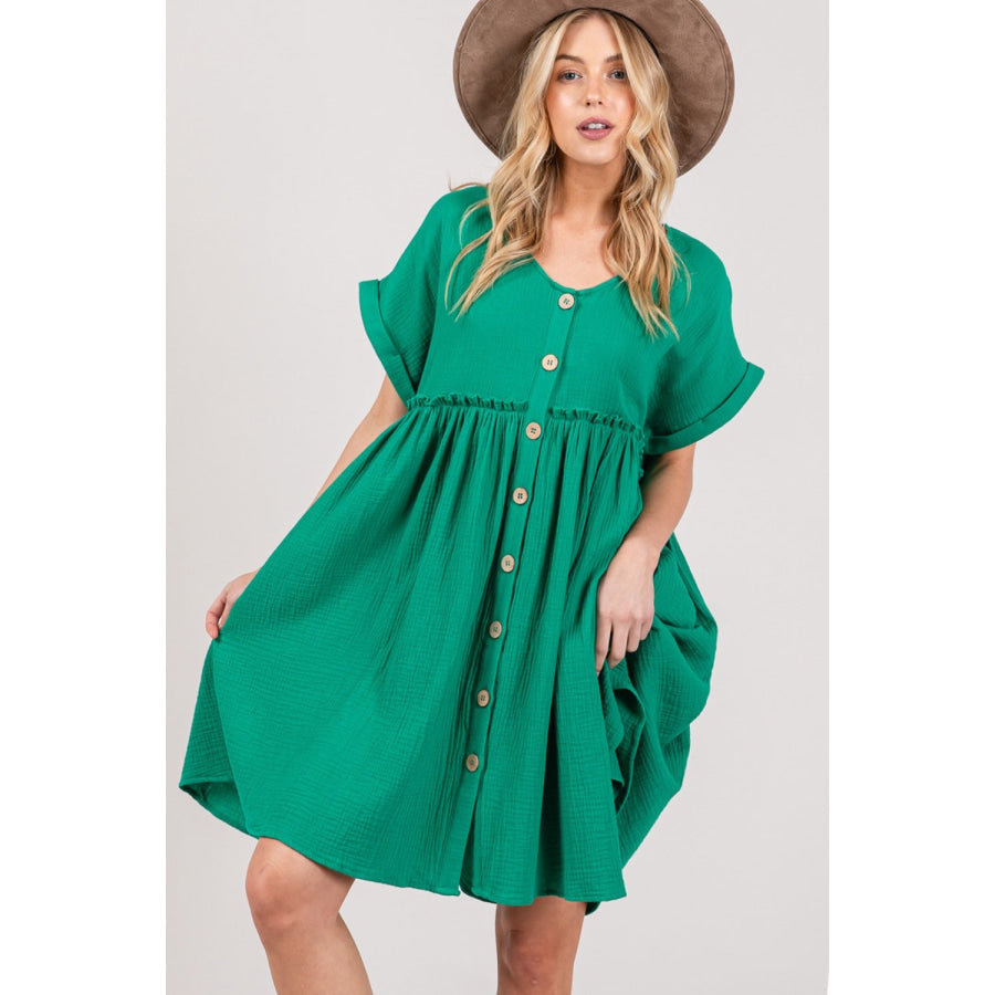 SAGE + FIG Full Size Button Up Short Sleeve Dress Kelly Green / S Apparel and Accessories