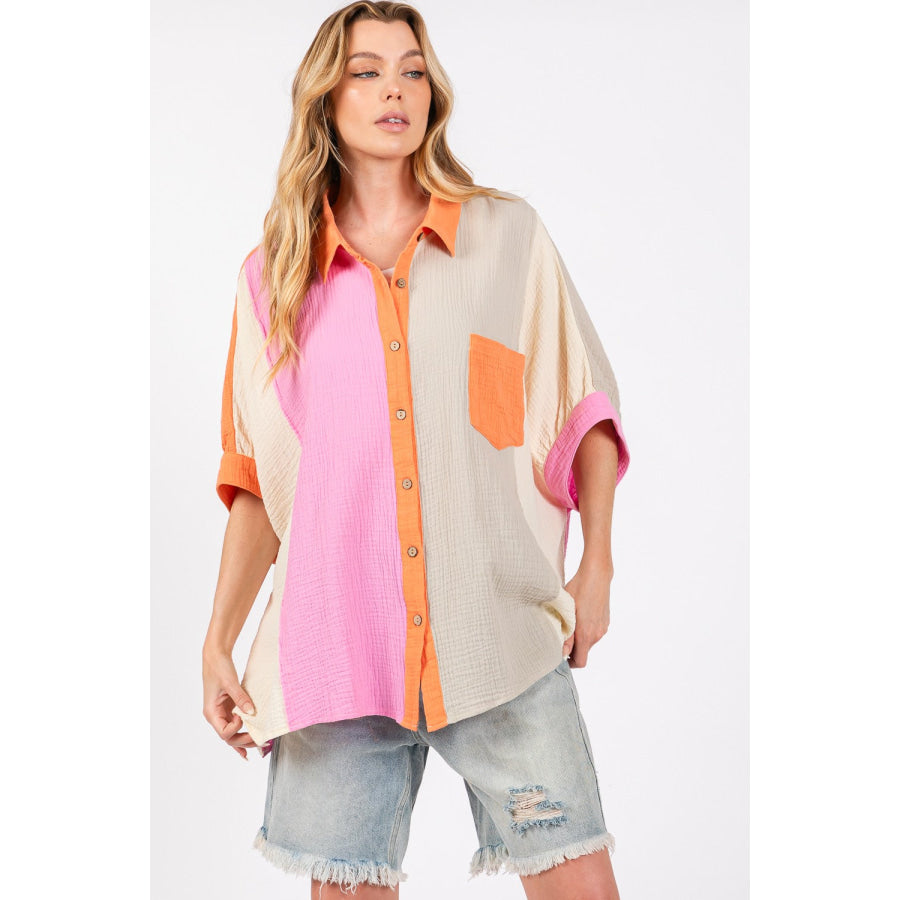 SAGE + FIG Full Size Color Block Button-Down Shirt MULTI / S Apparel and Accessories