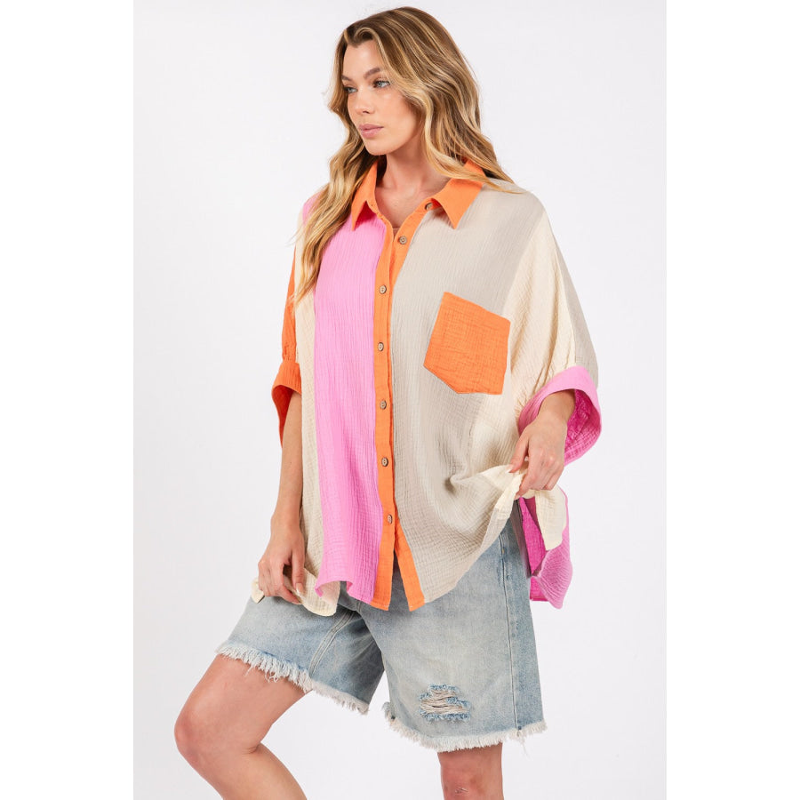 SAGE + FIG Full Size Color Block Button-Down Shirt Apparel and Accessories