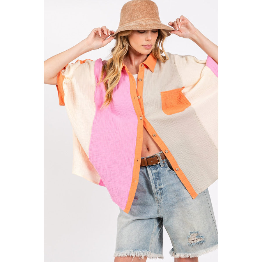 SAGE + FIG Full Size Color Block Button-Down Shirt Apparel and Accessories