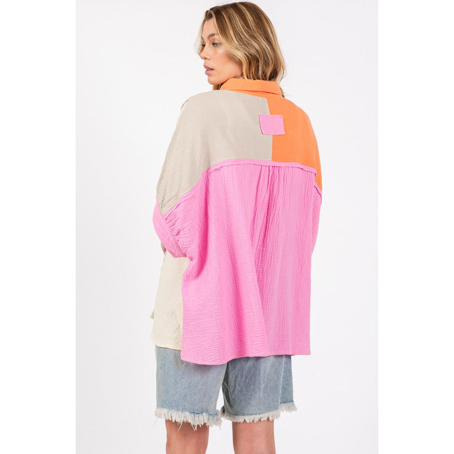 SAGE + FIG Full Size Color Block Button-Down Shirt Apparel and Accessories