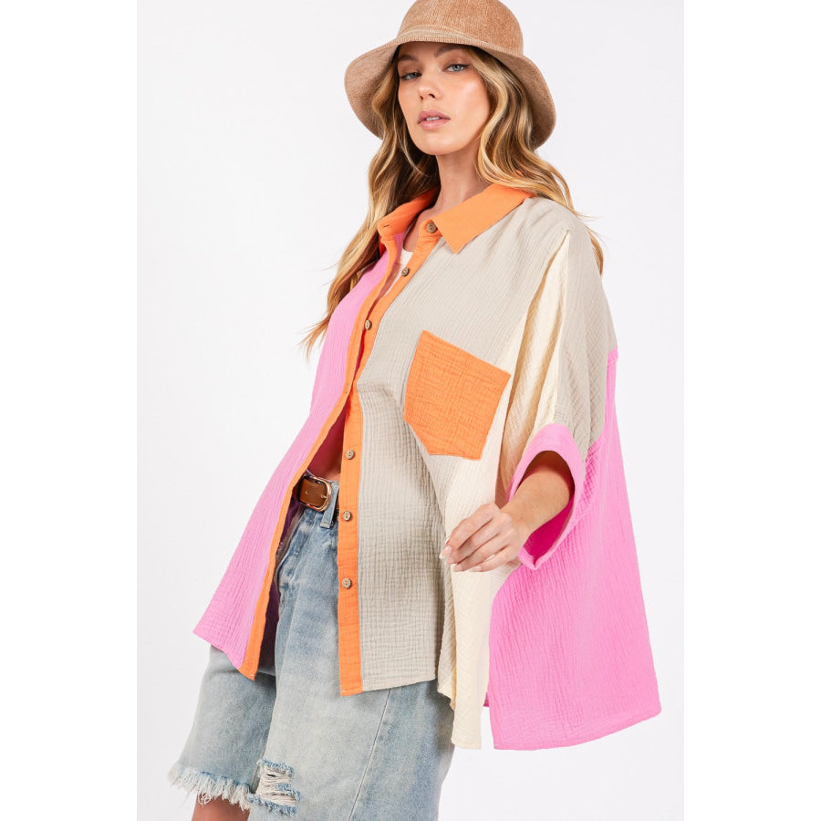 SAGE + FIG Full Size Color Block Button-Down Shirt Apparel and Accessories
