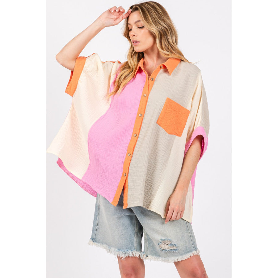 SAGE + FIG Full Size Color Block Button-Down Shirt MULTI / S Apparel and Accessories