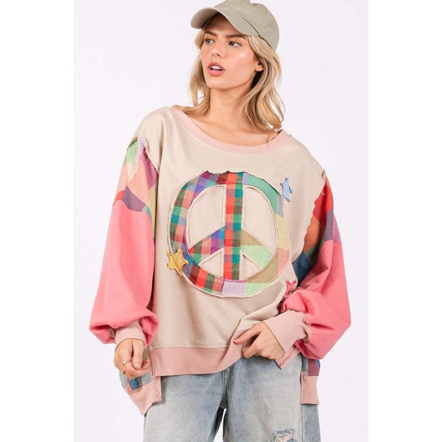 SAGE + FIG Full Size Contrast Peace Patch Dropped Shoulder Sweatshirt Apparel and Accessories