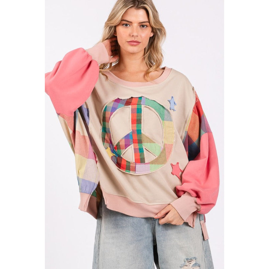 SAGE + FIG Full Size Contrast Peace Patch Dropped Shoulder Sweatshirt Apparel and Accessories