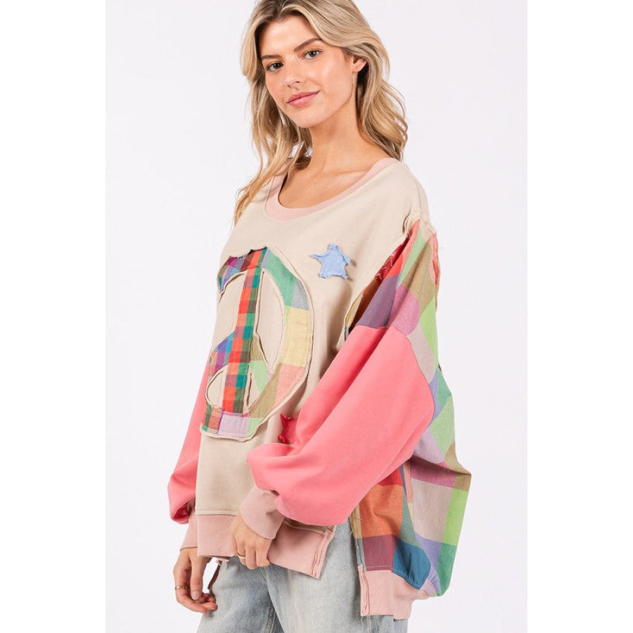 SAGE + FIG Full Size Contrast Peace Patch Dropped Shoulder Sweatshirt Apparel and Accessories