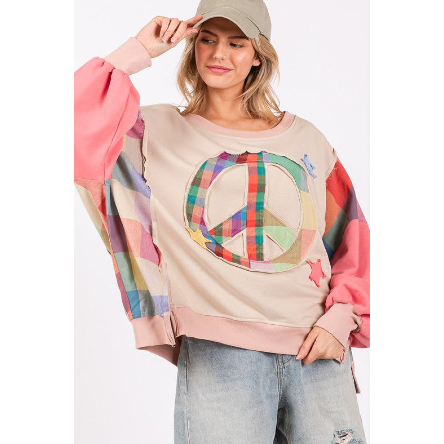 SAGE + FIG Full Size Contrast Peace Patch Dropped Shoulder Sweatshirt Apparel and Accessories