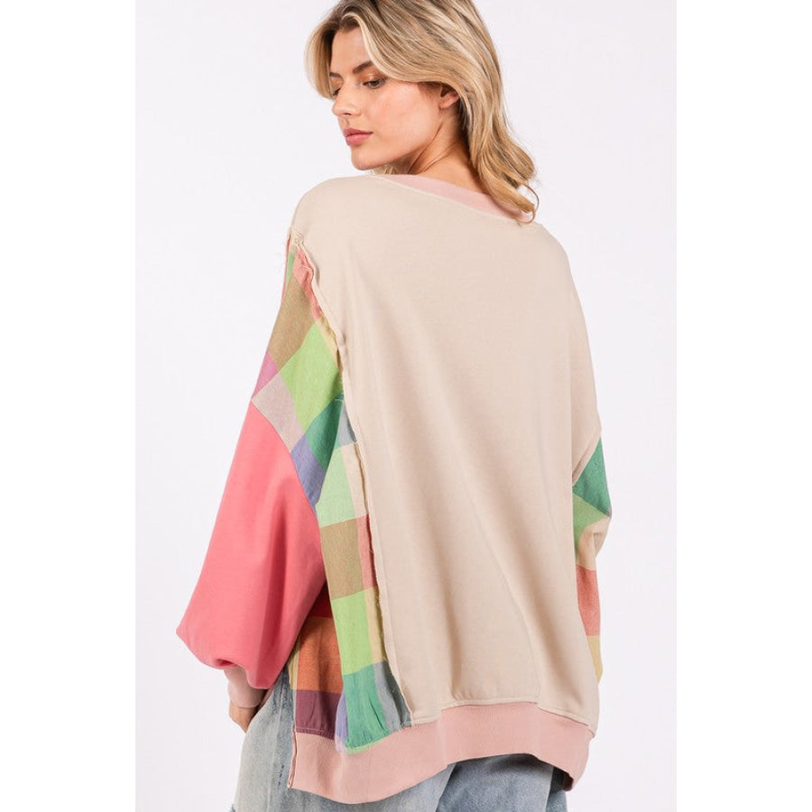 SAGE + FIG Full Size Contrast Peace Patch Dropped Shoulder Sweatshirt Coral Multicolor / S Apparel and Accessories