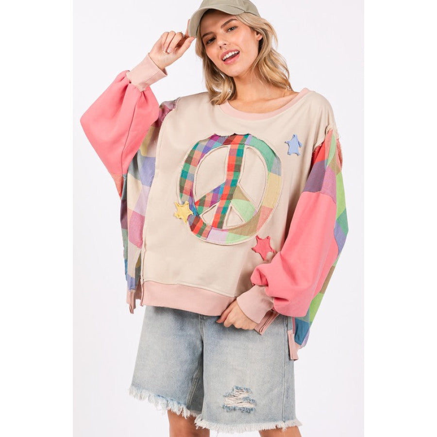 SAGE + FIG Full Size Contrast Peace Patch Dropped Shoulder Sweatshirt Coral Multicolor / S Apparel and Accessories