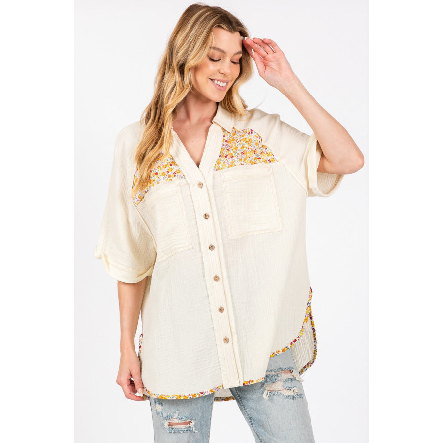 SAGE + FIG Full Size Floral Detail Button Up Short Sleeve Shirt Apparel and Accessories