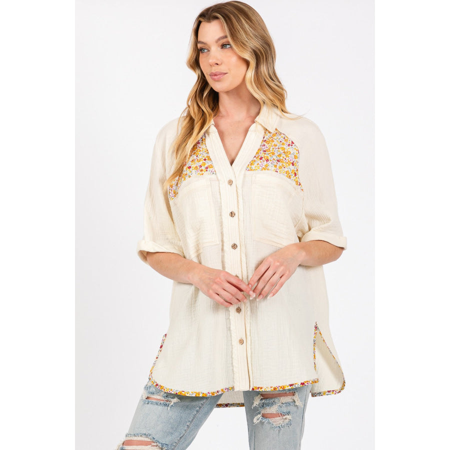 SAGE + FIG Full Size Floral Detail Button Up Short Sleeve Shirt Apparel and Accessories