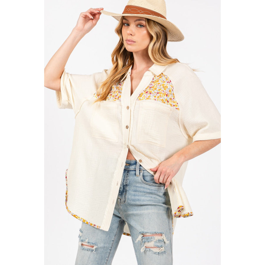 SAGE + FIG Full Size Floral Detail Button Up Short Sleeve Shirt Ivory / S Apparel and Accessories