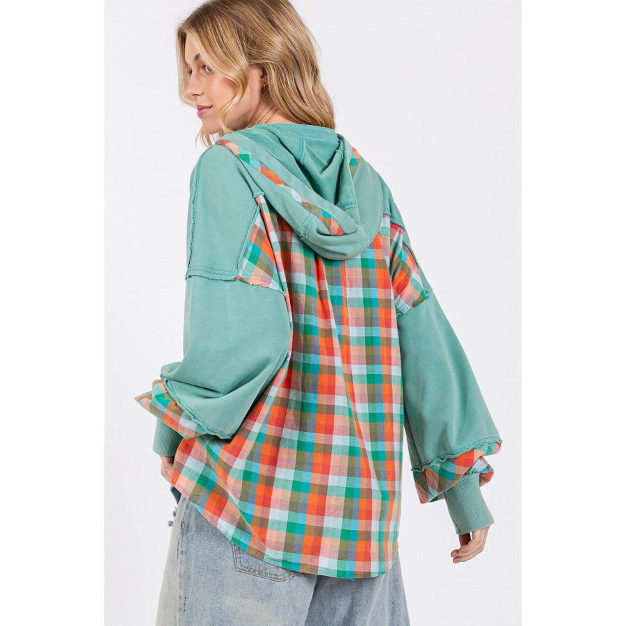 SAGE + FIG Full Size Plaid Print Washed Hoodie Apparel and Accessories