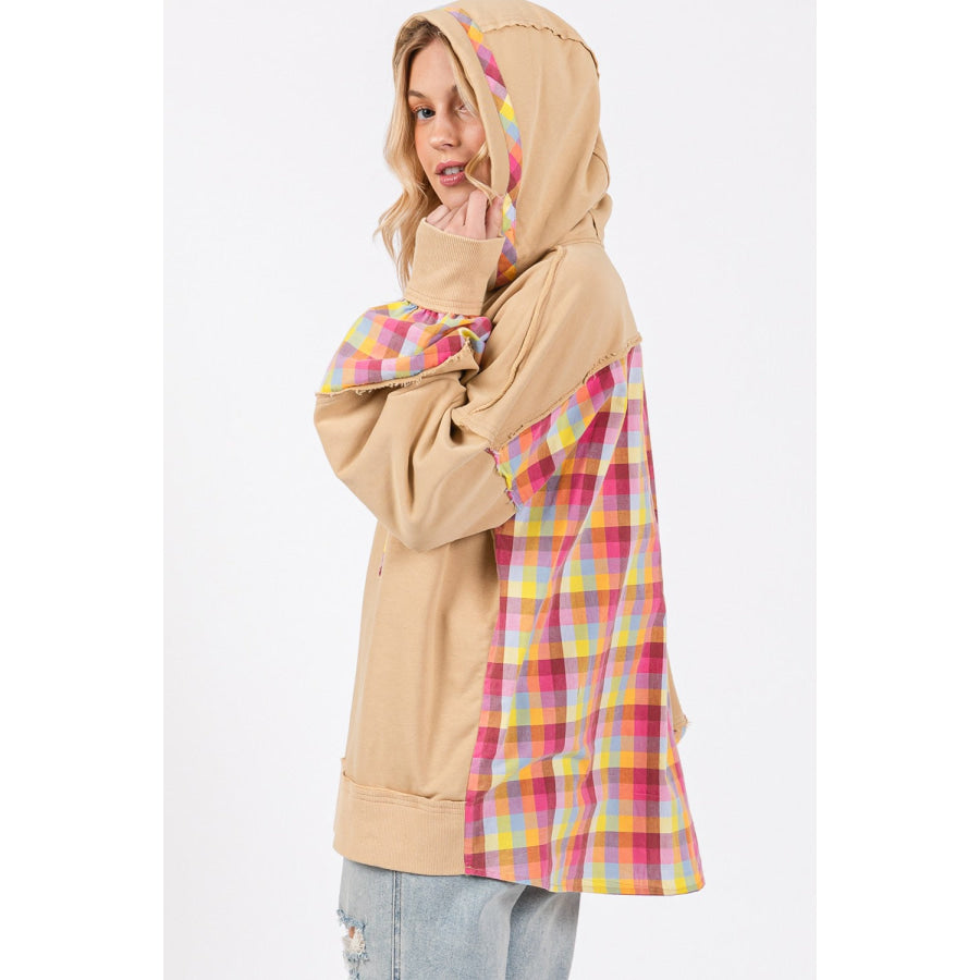 SAGE + FIG Full Size Plaid Print Washed Hoodie Apparel and Accessories