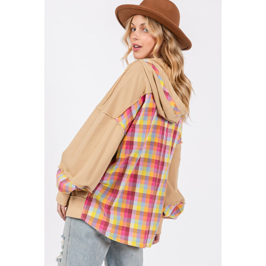 SAGE + FIG Full Size Plaid Print Washed Hoodie Apparel and Accessories