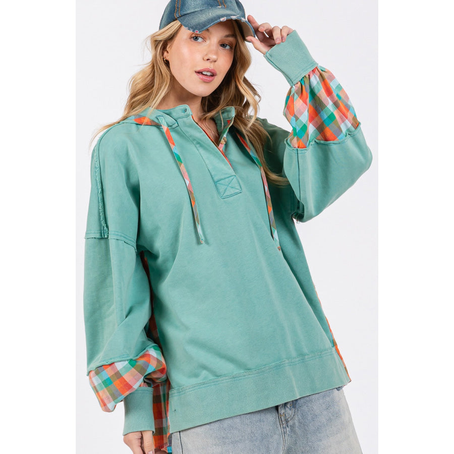 SAGE + FIG Full Size Plaid Print Washed Hoodie Apparel and Accessories