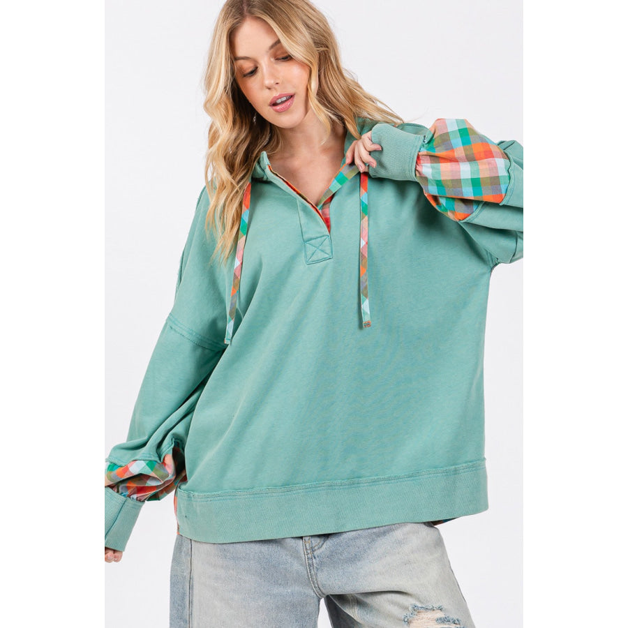 SAGE + FIG Full Size Plaid Print Washed Hoodie Eucalyptus / S Apparel and Accessories