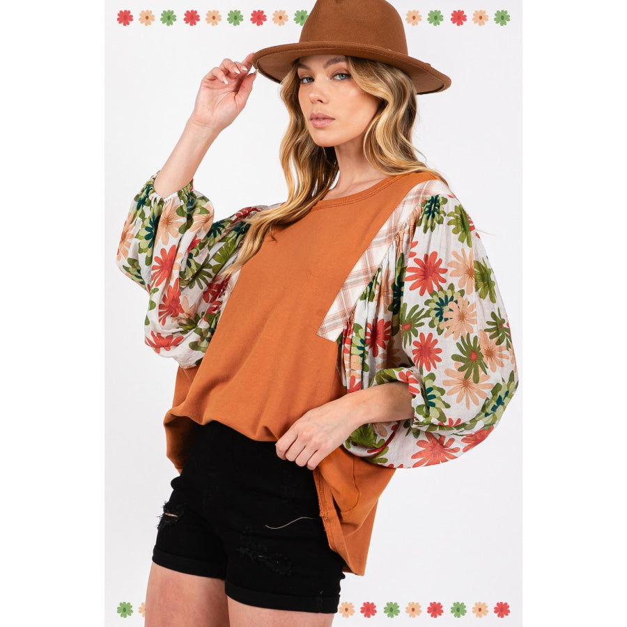 SAGE + FIG Full Size Printed Balloon Sleeve Contrast Top Apparel and Accessories