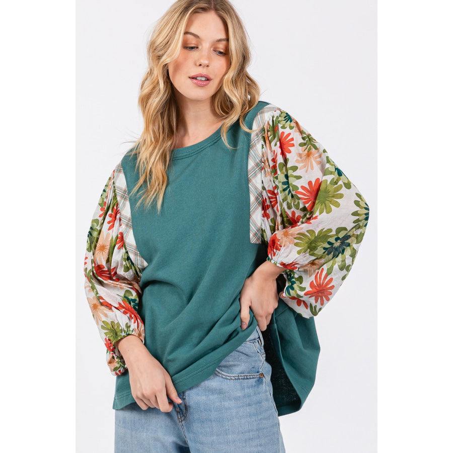 SAGE + FIG Full Size Printed Balloon Sleeve Contrast Top Apparel and Accessories