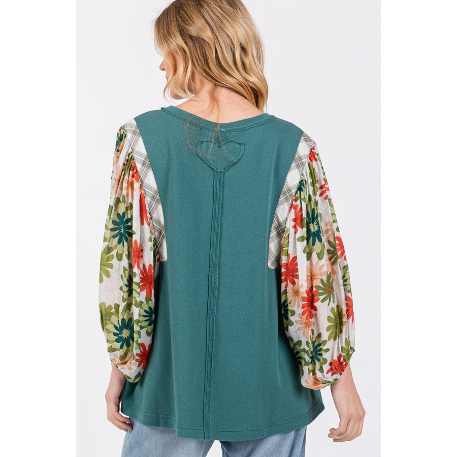 SAGE + FIG Full Size Printed Balloon Sleeve Contrast Top Apparel and Accessories