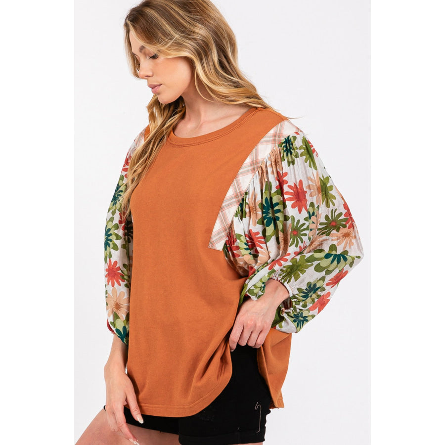 SAGE + FIG Full Size Printed Balloon Sleeve Contrast Top Apparel and Accessories