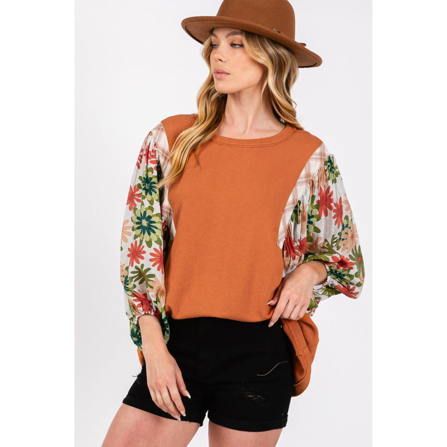 SAGE + FIG Full Size Printed Balloon Sleeve Contrast Top Apparel and Accessories