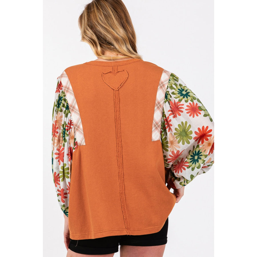 SAGE + FIG Full Size Printed Balloon Sleeve Contrast Top Caramel / S Apparel and Accessories