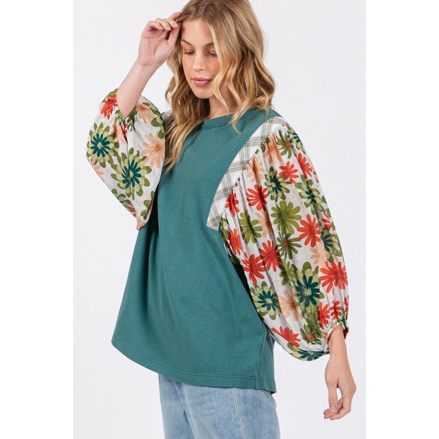 SAGE + FIG Full Size Printed Balloon Sleeve Contrast Top Apparel and Accessories