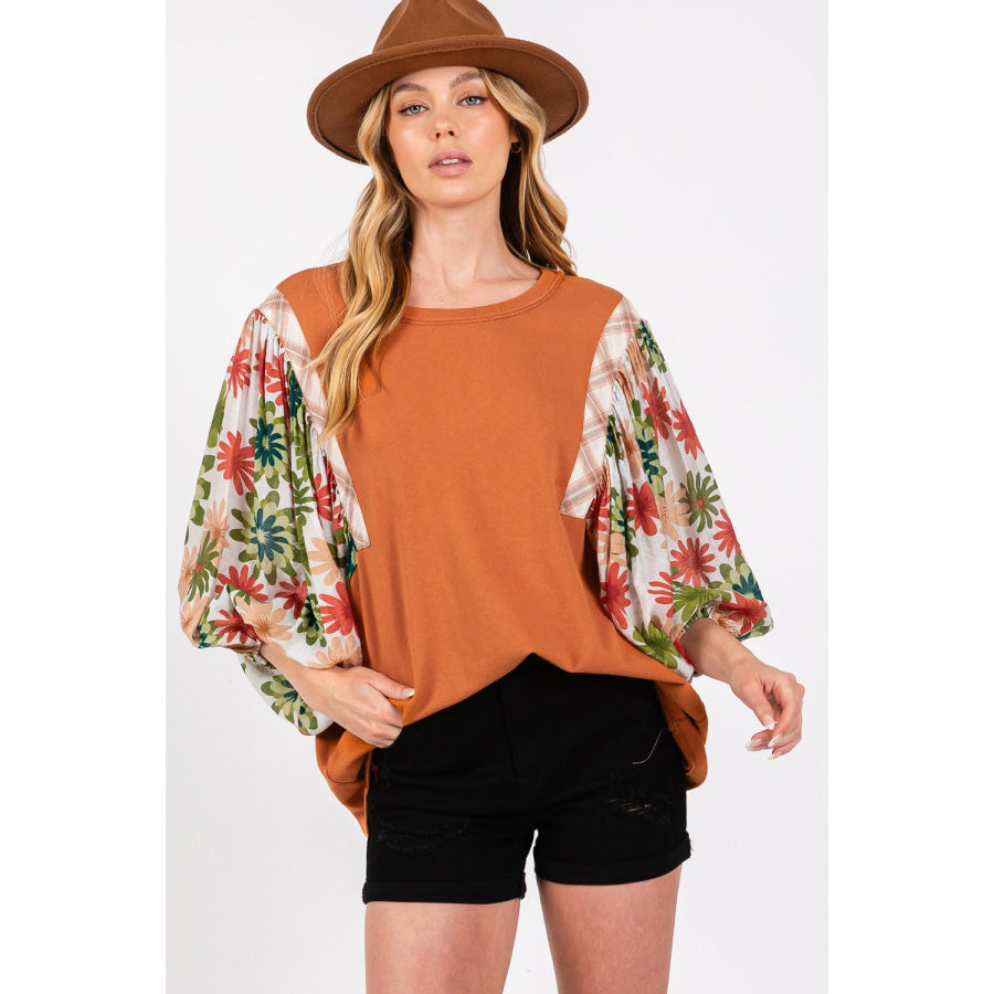 SAGE + FIG Full Size Printed Balloon Sleeve Contrast Top Caramel / S Apparel and Accessories