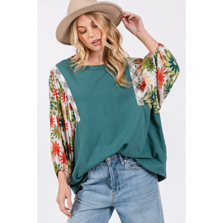 SAGE + FIG Full Size Printed Balloon Sleeve Contrast Top Teal / S Apparel and Accessories