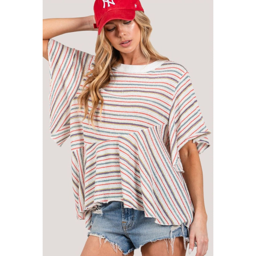 SAGE + FIG Full Size Round Neck Stripe Top Multi / S Apparel and Accessories