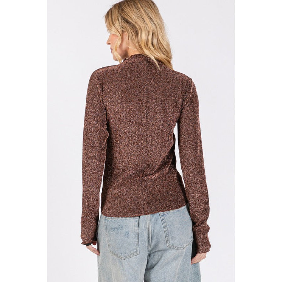 SAGE + FIG Glitter Mock Neck Lettuce Hem Long Sleeve Top Brown / S Apparel and Accessories